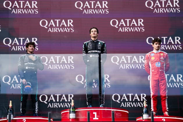 Podium of the Race;, P1 (63) George Russell (GBR) - Mercedes-AMG PETRONAS F1 Team - Mercedes W17 - Mercedes E Performance, P2 (12) Andrea Kimi Antonelli (ITA) - Mercedes-AMG PETRONAS F1 Team - Mercedes W17 - Mercedes E Performance, P3 (16) Charles Leclerc (MON) - Scuderia Ferrari HP - Ferrari SF-26 - Ferrari during the Race of Formula 1 Qatar Airways Australian Grand Prix 2026 at Albert Park Circuit in Melbourne, Australia. Round 1 of the 2026 FIA Formula One World Championship, WM, Weltmeisterschaft held March 6-8, 2026. The Albert Park street circuit hosts the season opener for the 40th time in its F1 history. Formula 1 Qatar Airways Australian Grand Prix 2026 - Round 1 - Albert Park Circuit F1-2026-R01-AUS