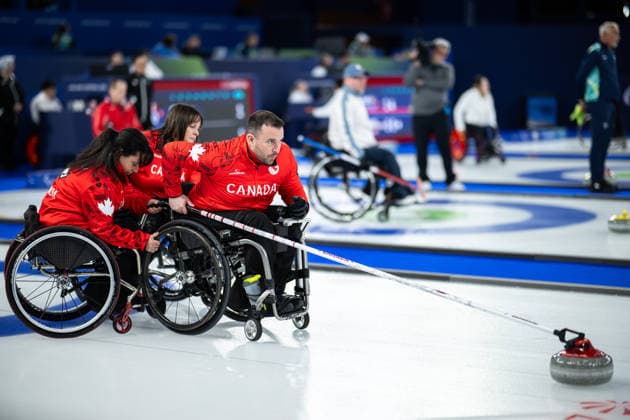 260308 Ina Forrest and ch Gilbert Dash of Canada compete in the wheelchair curling mixed round robin session between Canada and Great Britain during day 1 of the Milano Cortina 2026 Winter Paralympic Games on March 8, 2026 in Cortina. Photo: Maxim ThorÃ BILDBYRAN kod MT MT1012 wheelchair curling rullstolscurling paralympic games paralympics paralympiska spel paralympiske leker vinter-paralympics winter paralympics milano cortina 2026 milano cortina 2026 winter paralympic games 2 bbeng *** 260308 Ina Forrest and ch Gilbert Dash of Canada compete in the wheelchair curling mixed round robin session between Canada and Great Britain during day 1 of the Milano Cortina 2026 Winter Paralympic Games on March 8, 2026 in Cortina Photo Maxim ThorÃ BILDBYRAN code MT MT1012 wheelchair curling wheelchair curling paralympic games paralympiska spel paralympiske leker vinter paralympics winter paralympics milano cortina 2026 milano cortina 2026 winter paralympic games 2 bbeng  Copyright: MAXIMxTHORE BB260308MT017
