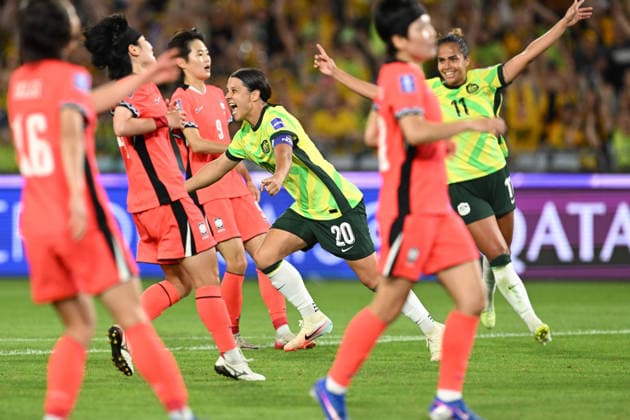 SOCCER ASIAN CUP AUSTRALIA SOUTH KOREA, Samantha Kerr of Australia celebrates her goal along side Mary Fowler of Australia during the AFC Women™s Asian Cup Group A match between Australia and South Korea at Accor Stadium in Sydney, Sunday, March 8, 2026. ( NO ARCHIVING, EDITORIAL USE ONLY SYDNEY NEW SOUTH WALES AUSTRALIA  Copyright: xDEANxLEWINSx 20260308124625043537