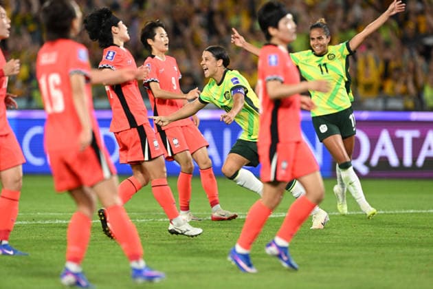 SOCCER ASIAN CUP AUSTRALIA SOUTH KOREA, Samantha Kerr of Australia celebrates her goal along side Mary Fowler of Australia during the AFC Women™s Asian Cup Group A match between Australia and South Korea at Accor Stadium in Sydney, Sunday, March 8, 2026. ( NO ARCHIVING, EDITORIAL USE ONLY SYDNEY NEW SOUTH WALES AUSTRALIA  Copyright: xDEANxLEWINSx 20260308152836327945