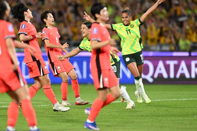 SOCCER ASIAN CUP AUSTRALIA SOUTH KOREA, Samantha Kerr of Australia celebrates her goal along side Mary Fowler of Australia during the AFC Women™s Asian Cup Group A match between Australia and South Korea at Accor Stadium in Sydney, Sunday, March 8, 2026. ( NO ARCHIVING, EDITORIAL USE ONLY SYDNEY NEW SOUTH WALES AUSTRALIA  Copyright: xDEANxLEWINSx 20260308197618775432