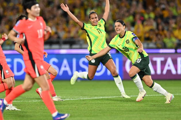 SOCCER ASIAN CUP AUSTRALIA SOUTH KOREA, Samantha Kerr of Australia celebrates her goal along side Mary Fowler of Australia during the AFC Women™s Asian Cup Group A match between Australia and South Korea at Accor Stadium in Sydney, Sunday, March 8, 2026. ( NO ARCHIVING, EDITORIAL USE ONLY SYDNEY NEW SOUTH WALES AUSTRALIA  Copyright: xDEANxLEWINSx 20260308174244583230