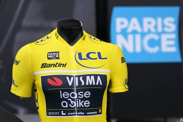 The yellow leader s jersey pictured at the start of the first stage of 84th edition of the Paris-Nice cycling race, 170,9 km from Archeres to Carrieres-sous-Poissy, Sunday 08 March 2026. DAVIDxPINTENS  x166835573x
