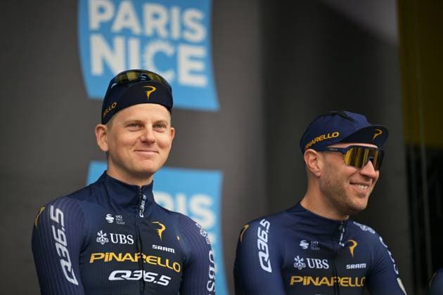 Belgian Aime De Gendt of Pinarello-Q36.5 Pro Cycling Team and Belgian Frederik Frison of Pinarello-Q36.5 Pro Cycling Team pictured at the start of the first stage of 84th edition of the Paris-Nice cycling race, 170,9 km from Archeres to Carrieres-sous-Poissy, Sunday 08 March 2026. DAVIDxPINTENS  x166838313x