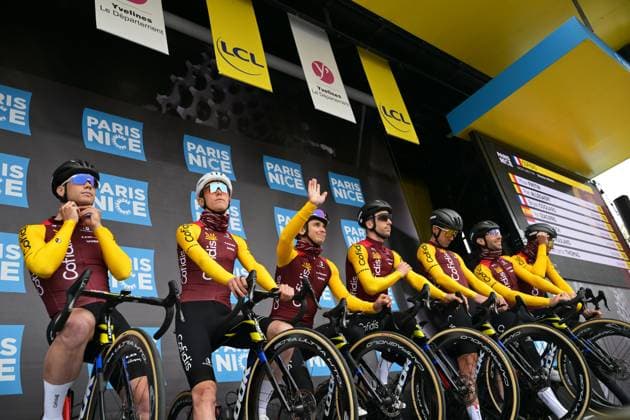 Cofidis riders pictured at the start of the first stage of 84th edition of the Paris-Nice cycling race, 170,9 km from Archeres to Carrieres-sous-Poissy, Sunday 08 March 2026. DAVIDxPINTENS  x166838504x