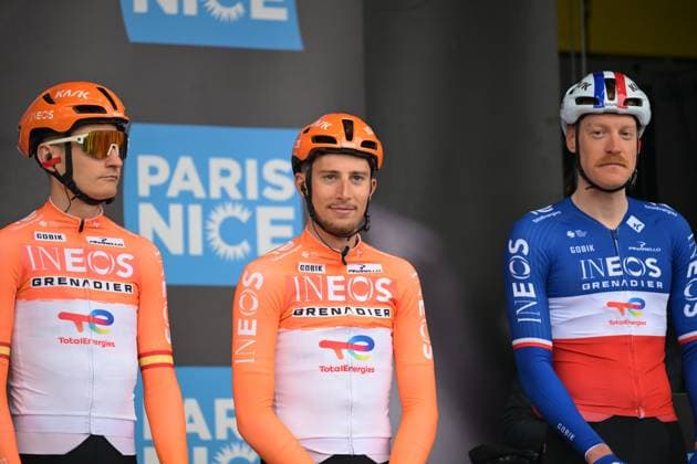French Kevin Vauquelin of INEOS Grenadiers (C) pictured at the start of the first stage of 84th edition of the Paris-Nice cycling race, 170,9 km from Archeres to Carrieres-sous-Poissy, Sunday 08 March 2026. DAVIDxPINTENS  x166841280x