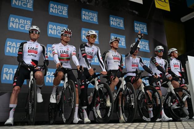 UAE Team Emirates-XRG riders pictured at the start of the first stage of 84th edition of the Paris-Nice cycling race, 170,9 km from Archeres to Carrieres-sous-Poissy, Sunday 08 March 2026. DAVIDxPINTENS  x166841339x