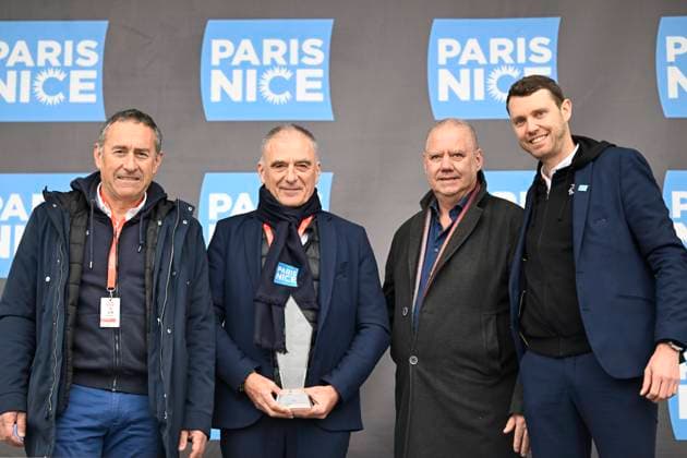 Paris Nice 2026 Stage 1 CARRIERES-SOUS-POISSY, FRANCE - MARCH 08 : Gouvenou Thierry (FRA) race director of ASO, Lemarchand Francois (FRA) member of ASO, Van Herreweghe Wim Flanders Classics, Talabardon Yannick directeur Paris-Nice during stage 1 of the 84th edition of Paris - Nice an UCI World Tour 2.UWT cycling road race stage for Men Elite of 171.2 km with start in Acheres and finish in Carrieres-sous-Poissy on March 8, 2026 in Carrieres-sous-Poissy, France, 08 03 2026 ( Motordriver Guy De Vuyst - Carrieres-sous-Poissy France  Copyright: xNicoxVereeckenx