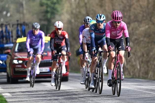 Paris Nice 2026 Stage 1 CARRIERES-SOUS-POISSY, FRANCE - MARCH 08 : Walker Max (GBR) of EF Education - Easypost, Pedersen Casper (DEN) of Soudal Quick-Step during stage 1 of the 84th edition of Paris - Nice an UCI World Tour 2.UWT cycling road race stage for Men Elite of 171.2 km with start in Acheres and finish in Carrieres-sous-Poissy on March 8, 2026 in Carrieres-sous-Poissy, France, 08 03 2026 ( Motordriver Guy De Vuyst - Carrieres-sous-Poissy France  Copyright: xNicoxVereeckenx