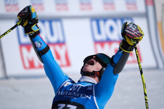 Asja Zenere from Italy celebrates the third place in AUDI FIS Ski World Cup 2025 2026, Women s Super Giant Race at La VolatA Slope on March 8, 2026, Passo San Pellegrino, Val di Fassa, Italy.  Copyright: xRobertoxTommasini IPAxSportx xipa-agency.netx xx IPA_72565845 IPA_Agency_IPA72565845