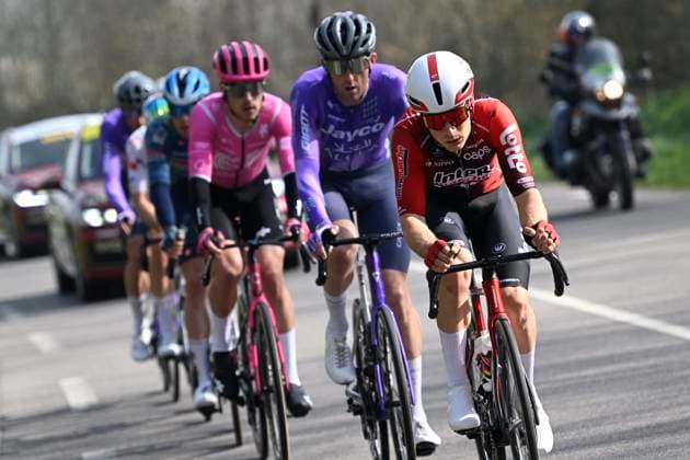 Paris Nice 2026 Stage 1 CARRIERES-SOUS-POISSY, FRANCE - MARCH 08 : Grignard Sebastien (BEL) of Lotto - Intermarche leading the escape pack during stage 1 of the 84th edition of Paris - Nice an UCI World Tour 2.UWT cycling road race stage for Men Elite of 171.2 km with start in Acheres and finish in Carrieres-sous-Poissy on March 8, 2026 in Carrieres-sous-Poissy, France, 08 03 2026 ( Motordriver Guy De Vuyst - Carrieres-sous-Poissy France  Copyright: xNicoxVereeckenx