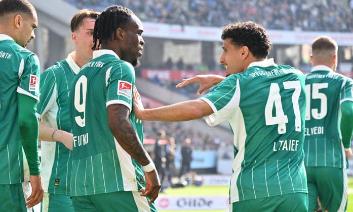 08 03 2026 Soccer Season 2025 2026 2 Soccer Bundesliga 25 Matchday Hannover 96 H96 SpVgg Greuther Fürth SGF Kleeblatt Sportfoto Zink xwoxzix DFL regulations prohibit any use of photographs as image sequences and or quasi video only for editorial use Torjubel Jubel Freude nach Treffer Tor Torschuß zum 0 1 durch Noel Futkeu 9, SpVgg Greuther Fürth Noel Futkeu 9, SpVgg Greuther Fürth Sayfallah Ltaief 47, SpVgg Greuther Fürth