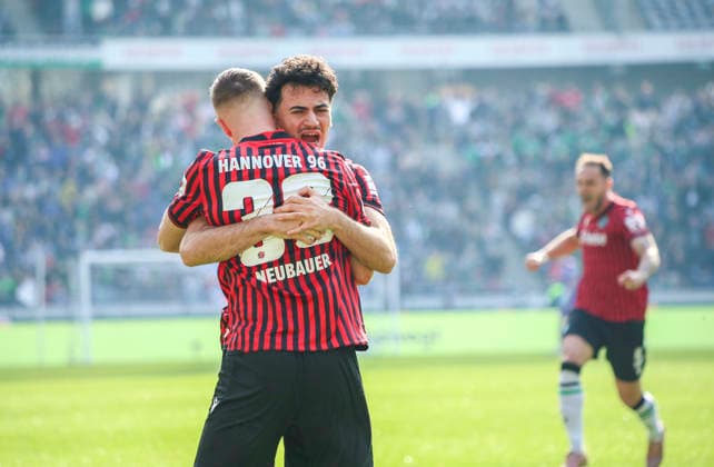 Germany Soccer 2 Bundesliga 2025 2026, 25 Matchday Hannover 96 vs SpVgg Greuther Fürth Heinz von Heiden Arena Stadion Hannover Goal and goal celebration for Maurice Neubauer Hannover 96, 33 Husseyn Chakroun Hannover 96, 14 Gesture, gesture, emotion Hannover Copyright: xAymanxAlahmedx
