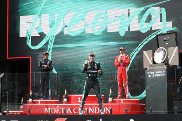 March 8, 2026: GEORGE RUSSELL of Team Mercedes celebrates his victory on the podium with 2nd Place KIMI ANTONELLI of Team Mercedes and 3rd Place CHARLES LECLERC of Team Ferrari at the 2026 Australian Formula 1 Grand Prix on March 08, 2026 in Melbourne, Australia F1 2026: Australian Grand Prix  - ZUMAa155 20260308_aaa_a155_057 Copyright: xChristopherxKhouryx
