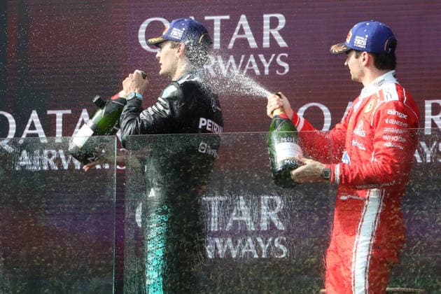 March 8, 2026: GEORGE RUSSELL of Team Mercedes celebrates his victory on the podium with 3rd Place CHARLES LECLERC of Team Ferrari at the 2026 Australian Formula 1 Grand Prix on March 08, 2026 in Melbourne, Australia F1 2026: Australian Grand Prix  - ZUMAa155 20260308_aaa_a155_070 Copyright: xChristopherxKhouryx