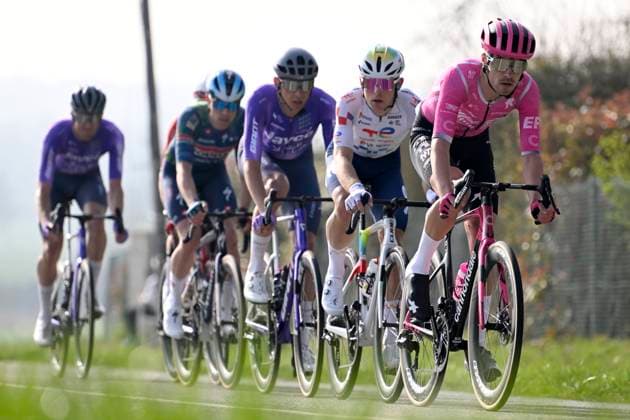 Paris Nice 2026 Stage 1 CARRIERES-SOUS-POISSY, FRANCE - MARCH 08 : Walker Max (GBR) of EF Education - Easypost, Grignard Sebastien (BEL) of Lotto - Intermarche, Durbridge Luke (AUS) of Team Jayco AlUla, Pedersen Casper (DEN) of Soudal Quick-Step, Le Berre Mathis (FRA) of TotalEnergies, Gamper Patrick (AUT) of Team Jayco AlUla during stage 1 of the 84th edition of Paris - Nice an UCI World Tour 2.UWT cycling road race stage for Men Elite of 171.2 km with start in Acheres and finish in Carrieres-sous-Poissy on March 8, 2026 in Carrieres-sous-Poissy, France, 08 03 2026 ( Motordriver Guy De Vuyst - Carrieres-sous-Poissy France  Copyright: xNicoxVereeckenx