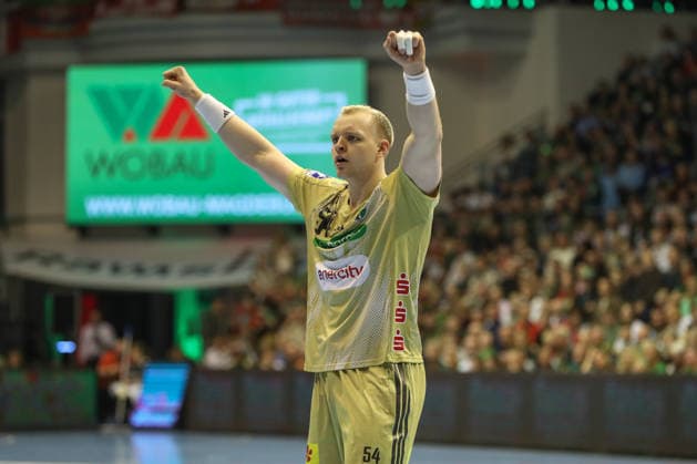 08 03 2026, xgox, Handball Daikin HBL SC Magdeburg TSV Hannover Burgdorf emspor, v l Justus Fischer Hannover, 54 Jubel, Torjubel, jubelt ueber das Tor, celebrate the goal, celebration Magdeburg