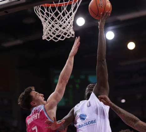 Khyri Thomas MBC on the ball against Grayson Murphy Bonn , Telekom Baskets Bonn vs Syntainics MBC, easyCredit BBL, Matchday 23, Telekom Dome Bonn, 08 03 2026