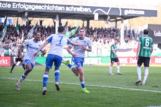08 03 2026, Soccer, 2 Bundesliga, 25 Matchday Season 2025 2026, Preußen Münster Hertha BSC, Marten Winkler Hertha BSC is happy about the goal to 1 2 with the team xRHR PHOTO TKx Copyright: RHR-FOTOx RHR-FOTO TK