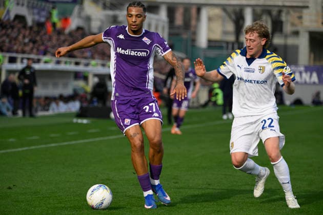 Fiorentina s Cher Ndour and Parma™s Oliver Sorensen during the Serie A Enilive 2025 2026 match between Fiorentina and Parma - Serie A Enilive at Artemio Franchi Stadium - Soccer - Florence, Italy - Sunday March 8, 2026  Copyright: xFabrizioxCorradetti LaPressex