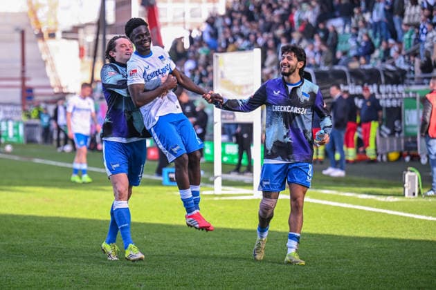 08 03 2026, Soccer, 2 Bundesliga, 25 Matchday Season 2025 2026, Preußen Münster Hertha BSC, Fabian Reese Hertha BSC celebrates Boris Mamuzah Lum Hertha BSC together with Kevin Sessa Hertha BSC xRHR PHOTO TKx Copyright: RHR-FOTOx RHR-FOTO TK