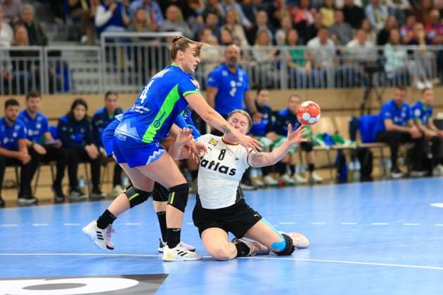 Scene with Nina Engel 8 Germany and Erin Novak 4 Slovenia Handball I Women I European Championship qualification national team I Germany - Slovenia I 08 03 2026 Copyright: xspeedshotx