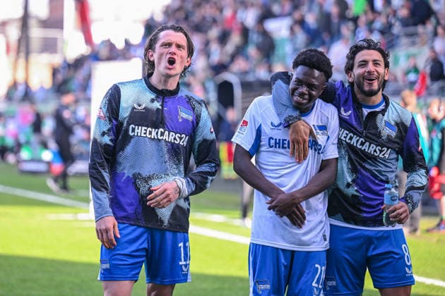 08 03 2026, Soccer, 2 Bundesliga, 25 Matchday Season 2025 2026, Preußen Münster Hertha BSC, Fabian Reese Hertha BSC celebrates Boris Mamuzah Lum Hertha BSC together with Kevin Sessa Hertha BSC xRHR PHOTO TKx Copyright: RHR-FOTOx RHR-FOTO TK