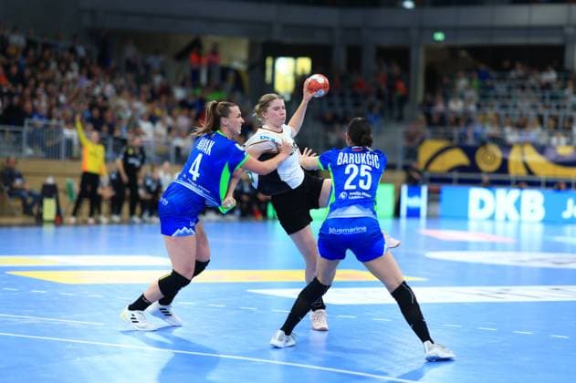Scene with Nina Engel 8 Germany , Erin Novak 4 Slovenia and Ivona Barukcic 25 Slovenia Handball I Women I European Championship Qualification National Team I Germany - Slovenia I 08 03 2026 Copyright: xspeedshotx