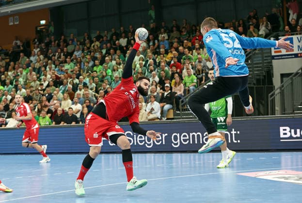 08 03 2026, xovx, Handball Daikin Handball Bundesliga, HSG Wetzlar MT Melsungen v l Ruben Marchan MT Melsungen , Andreas Palicka HSG Wetzlar Wetzlar Buderus Arena Hessen Germany EN