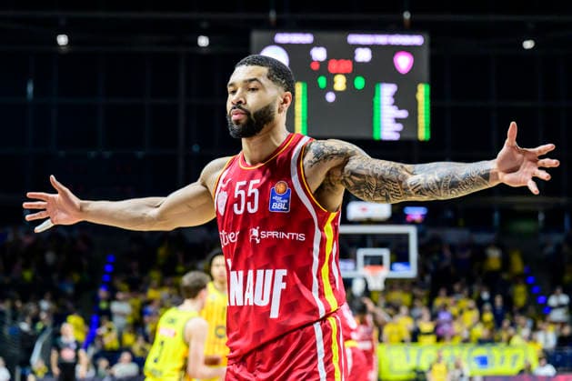 GER, Berlin, basketball, Alba Berlin vs Fitness First Wuerzburg Baskets, at the Max Schmeling Halle , BBL, pictured from left David Muenkat Wuerzburg 55 , March 8, 2026 Copyright: HMBxMedia UwexKoch