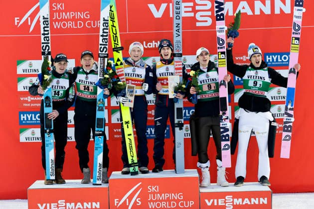 LKS 20260308 Second placed Domen Prevc (L) and Anze Lanisek of Slovenia, winners Jan Hoerl and Daniel Tschofenig of Austria and third placed Niko Kytösaho and Antti Aalto (R) of Team Finland celebrate on podium after Ski jumping, Skispringen, Ski, nordisch Men s HS130 Super Team at the FIS Nordic World Cup Lahti Ski Games in Lahti, Finland, on March 8, 2026. - PETRI KORTENIEMI Lahti Finland aE2Fj46vLKQ  Copyright: xPetrixKorteniemix aE2Fj46vLKQ