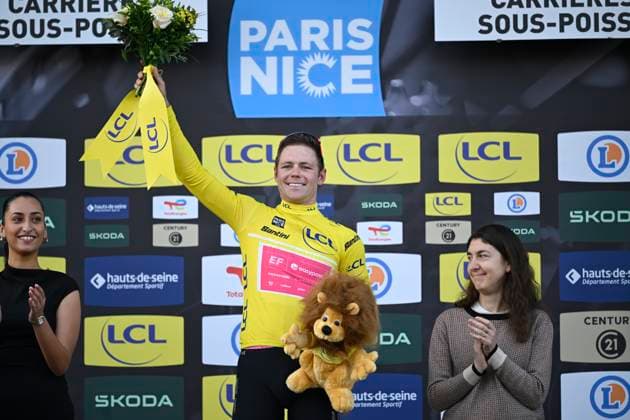 Paris Nice 2026 Stage 1 CARRIERES-SOUS-POISSY, FRANCE - MARCH 08 : Lamperti Luke (USA) of EF Education - Easypost pictured with the yellow jersey during the podium ceremony of of stage 1 of the 84th edition of Paris - Nice an UCI World Tour 2.UWT cycling road race stage for Men Elite of 171.2 km with start in Acheres and finish in Carrieres-sous-Poissy on March 8, 2026 in Carrieres-sous-Poissy, France, 08 03 2026 ( Motordriver Guy De Vuyst - Carrieres-sous-Poissy France  Copyright: xNicoxVereeckenx