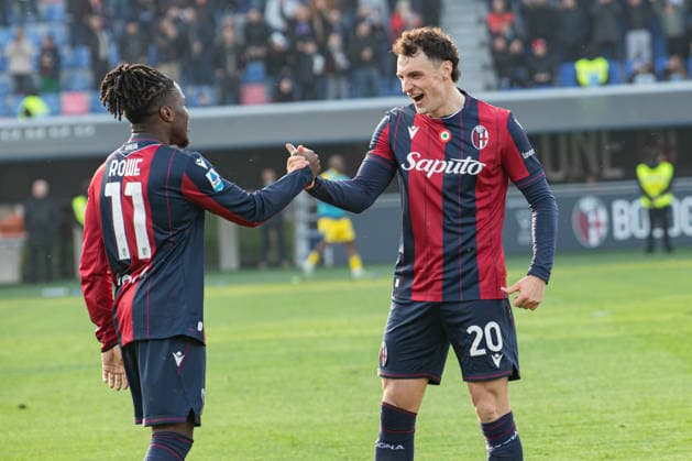Foto IPP Damiano Fiorentini Bologna 08 03 2026 Calcio Campionato serie A 2025-2026 partita: Bologna-Hellas Verona 1-2 nella foto: esultanza gol di Jonathan Rowe con Nadir Zortea Italy Photo Press World Copyright italy ITALY  Copyright: xR4924_italyphotopressx