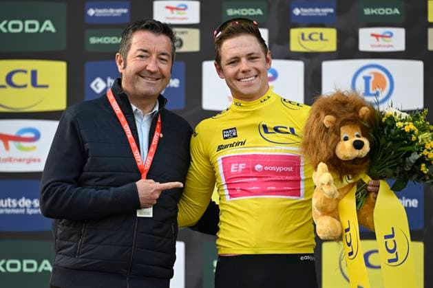 Paris Nice 2026 Stage 1 CARRIERES-SOUS-POISSY, FRANCE - MARCH 08 : Lamperti Luke (USA) of EF Education - Easypost pictured with the yellow jersey during the podium ceremony of of stage 1 of the 84th edition of Paris - Nice an UCI World Tour 2.UWT cycling road race stage for Men Elite of 171.2 km with start in Acheres and finish in Carrieres-sous-Poissy on March 8, 2026 in Carrieres-sous-Poissy, France, 08 03 2026 ( Motordriver Guy De Vuyst - Carrieres-sous-Poissy France  Copyright: xNicoxVereeckenx