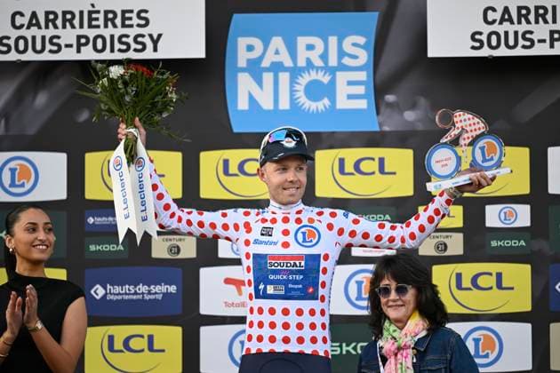 Paris Nice 2026 Stage 1 CARRIERES-SOUS-POISSY, FRANCE - MARCH 08 : Pedersen Casper (DEN) of Soudal Quick-Step pictured with the polka dot jersey during the podium ceremony of stage 1 of the 84th edition of Paris - Nice an UCI World Tour 2.UWT cycling road race stage for Men Elite of 171.2 km with start in Acheres and finish in Carrieres-sous-Poissy on March 8, 2026 in Carrieres-sous-Poissy, France, 08 03 2026 ( Motordriver Guy De Vuyst - Carrieres-sous-Poissy France  Copyright: xNicoxVereeckenx