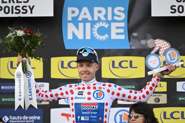Paris Nice 2026 Stage 1 CARRIERES-SOUS-POISSY, FRANCE - MARCH 08 : Pedersen Casper (DEN) of Soudal Quick-Step pictured with the polka dot jersey during the podium ceremony of stage 1 of the 84th edition of Paris - Nice an UCI World Tour 2.UWT cycling road race stage for Men Elite of 171.2 km with start in Acheres and finish in Carrieres-sous-Poissy on March 8, 2026 in Carrieres-sous-Poissy, France, 08 03 2026 ( Motordriver Guy De Vuyst - Carrieres-sous-Poissy France  Copyright: xNicoxVereeckenx