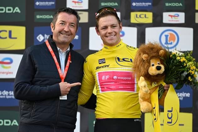 Paris Nice 2026 Stage 1 CARRIERES-SOUS-POISSY, FRANCE - MARCH 08 : Lamperti Luke (USA) of EF Education - Easypost pictured with the yellow jersey during the podium ceremony of of stage 1 of the 84th edition of Paris - Nice an UCI World Tour 2.UWT cycling road race stage for Men Elite of 171.2 km with start in Acheres and finish in Carrieres-sous-Poissy on March 8, 2026 in Carrieres-sous-Poissy, France, 08 03 2026 ( Motordriver Guy De Vuyst - Carrieres-sous-Poissy France  Copyright: xNicoxVereeckenx