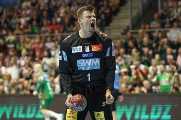 08 03 2026, xgox, Handball Daikin HBL SC Magdeburg TSV Hannover Burgdorf emspor, v l Sergey Hernandez Ferrer Magdeburg, 1 cheers over held ball, defended, held, Torhueter Magdeburg