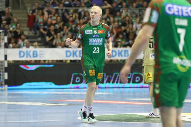 08 03 2026, xgox, Handball Daikin HBL SC Magdeburg TSV Hannover Burgdorf emspor, v l Magnus Saugstrup Magdeburg, 23 Jubel, Torjubel, jubelt ueber das Tor, celebrate the goal, celebration Magdeburg