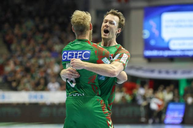 08 03 2026, xgox, Handball Daikin HBL SC Magdeburg TSV Hannover Burgdorf emspor, f l Matthias Musche Magdeburg, 6 and Felix Claar Magdeburg, 7 jubilation, goal celebration, celebrate the goal, celebration Magdeburg