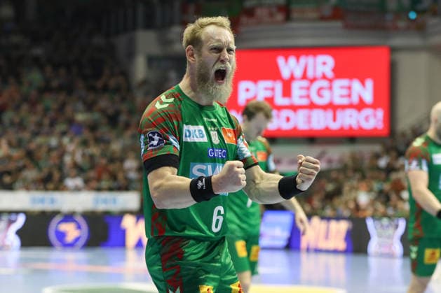 08 03 2026, xgox, Handball Daikin HBL SC Magdeburg TSV Hannover Burgdorf emspor, v l Matthias Musche Magdeburg, 6 Jubel, Torjubel, jubelt ueber das Tor, celebrate the goal, celebration Magdeburg
