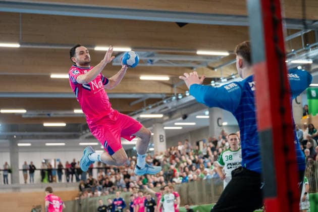 Handball I Men I Season 2025 2026 I 2 Bundesliga I 23 Matchday I HC Oppenweiler Backnang TSV Bayer Dormagen I 08 03 2026 Peter Strosack 24, TSV Bayer Dormagen im Wurf Backnang Murrtal Arena Baden Württemberg Germany Copyright: xLobeca MaxxPetershansx