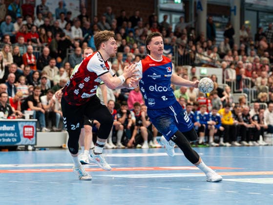 Mex Raguse HBW Balingen Weilstetten, 06 in duel against Elias Ruddatt HSG Nordhorn Lingen, 24 HSG Nordhorn Lingen vs HBW Balingen Weilstetten , Handball, 2 Bundesliga, Matchday 23, Season 2025 2026, 08 03 2026 HSG Nordhorn Lingen vs HBW Balingen Weilstetten , Handball, 2 Bundesliga, Matchday 23, Season 2025 2026, 08 03 2026 Nordhorn Copyright: xEibner-Pressefoto DamianxKruczynx EP_DKI