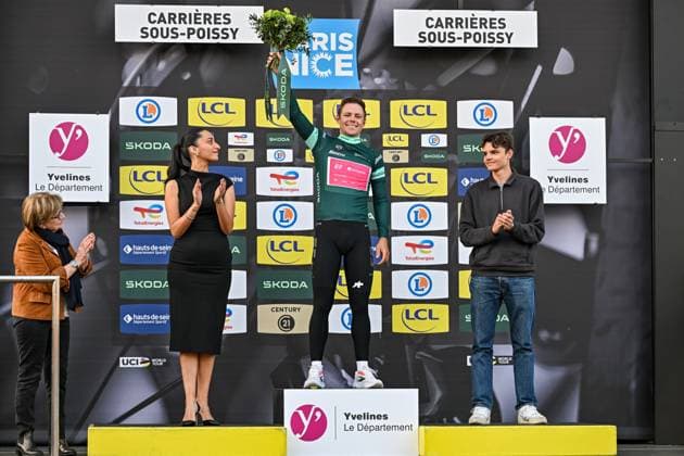 American Luke Lamperti of EF& 8239,Education& 8209 and EasyPost pictured on the podium after the first stage of 84th edition of the Paris-Nice cycling race, 170,9 km from Archeres to Carrieres-sous-Poissy, Sunday 08 March 2026. DAVIDxPINTENS  x166871343x