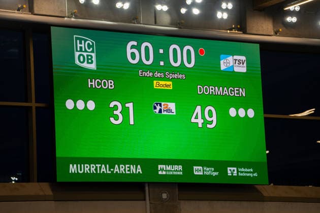 Handball I Men I Season 2025 2026 I 2 Bundesliga I 23 Matchday I HC Oppenweiler Backnang TSV Bayer Dormagen I 08 03 2026 80 goals in one match, the scoreboard after the match shows the score Backnang Murrtal Arena Baden Württemberg Germany Copyright: xLobeca MaxxPetershansx
