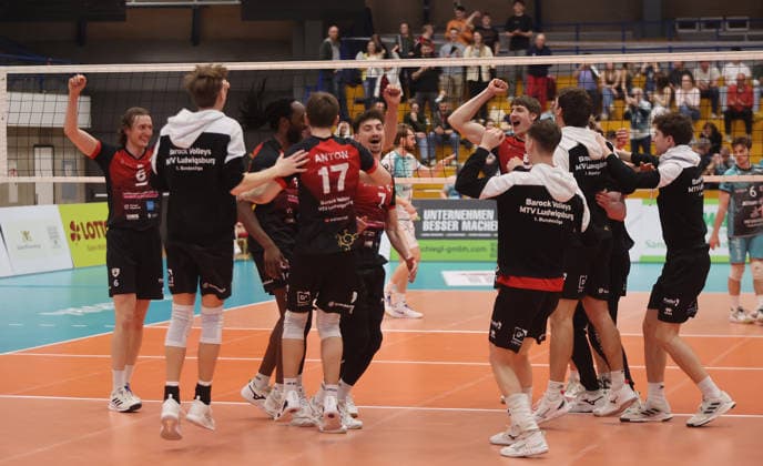 Ludwigsburg , 1 Bundesliga Volleyball Barock Volleys MTV Ludwigsburg vs SWD powervolleys Düren , Jubel Ludwigsburg