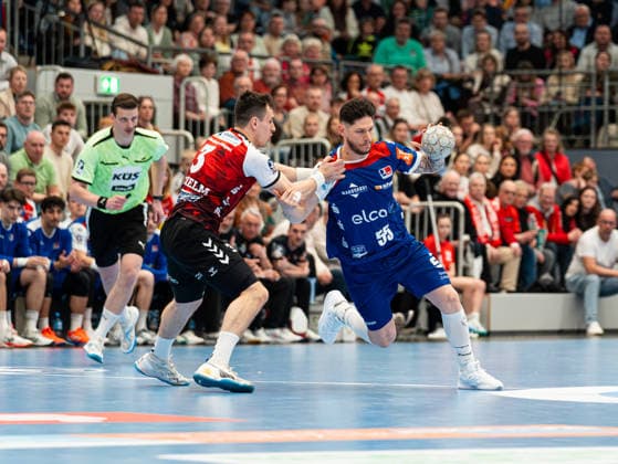 Csaba Leimeter HBW Balingen Weilstetten, 55 in a duel against Christian Wilhelm HSG Nordhorn Lingen, 03 HSG Nordhorn Lingen vs HBW Balingen Weilstetten , Handball, 2 Bundesliga, Matchday 23, Season 2025 2026, 08 03 2026 HSG Nordhorn Lingen vs HBW Balingen Weilstetten , Handball, 2 Bundesliga, Matchday 23, Season 2025 2026, 08 03 2026 Nordhorn Copyright: xEibner-Pressefoto DamianxKruczynx EP_DKI
