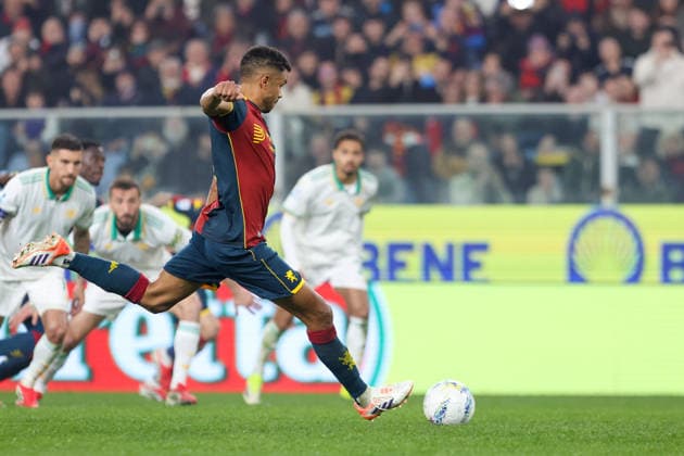 GenoaÕs Junior Messias shoots and scores a penalty during the Serie A soccer match between Genoa and Roma at the Luigi Ferraris Stadium in Genoa, Italy - Sunday, March 08, 2026. - Soccer .  Copyright: xTanoxPecoraro LaPressex
