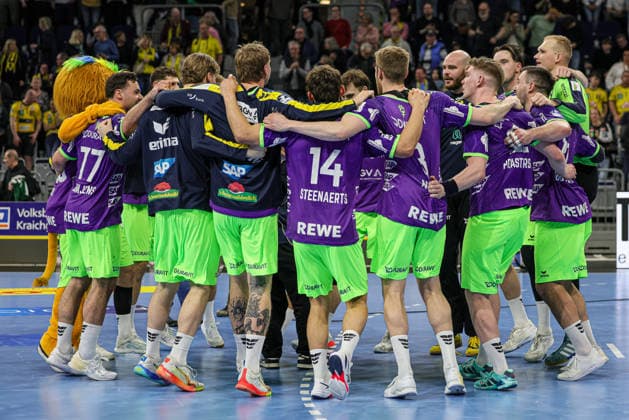 08 03 2026, xhettx, Handball Daikin HBL, Rhein Neckar Loewen Bergischer HC v l jubel bei den Löwen DFL DFB REGULATIONS PROHIBIT ANY USE OF PHOTOGRAPHS as IMAGE SEQUENCES and or QUASI VIDEO