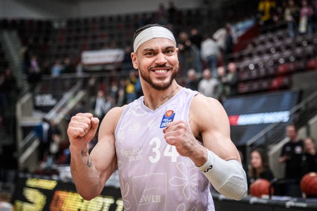Gavin Schilling MHP RIESEN Ludwigsburg, 34 Joy, jubilation, winning pose GER, MHP Riesen Ludwigsburg Veolia Towers Hamburg, Basketball Bundesliga, easycredit BBL, 23 Matchday, Season 2025 2026, 08 03 2026 GER, MHP Riesen Ludwigsburg Veolia Towers Hamburg, Basketball Bundesliga, easycredit BBL, 23 Matchday, Season 2025 2026, 08 03 2026 Ludwigsburg Copyright: xSandyxDinkelackerx EP_SDR